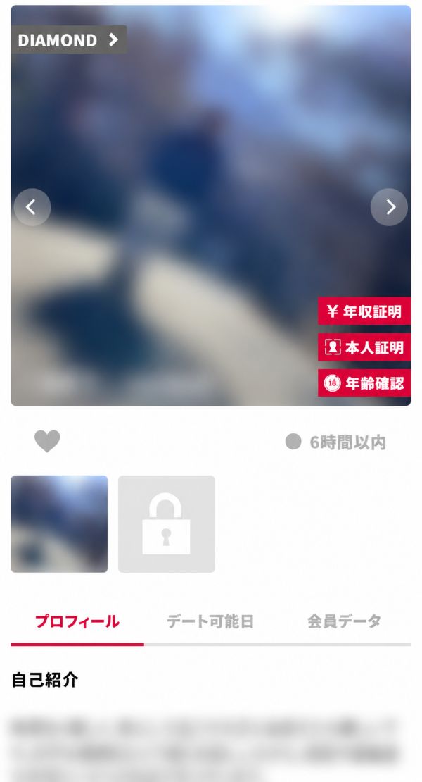 シュガーダディの男性会員のプロフィール画面。年収証明、本人証明、年齢確認のマークが付く